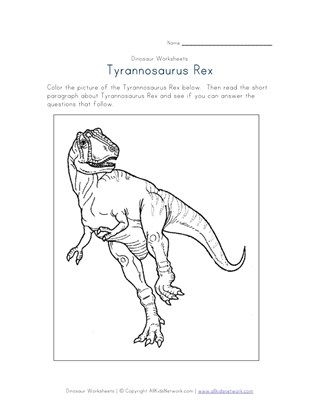 Pre-K coloring worksheet featuring a fierce Tyrannosaurus Rex for reading readiness number 10