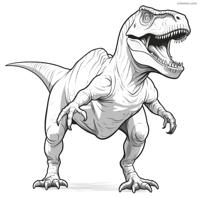 Color the Dinosaur: Tyrannosaurus Rex worksheet for pre-k students showing a ferocious T-Rex