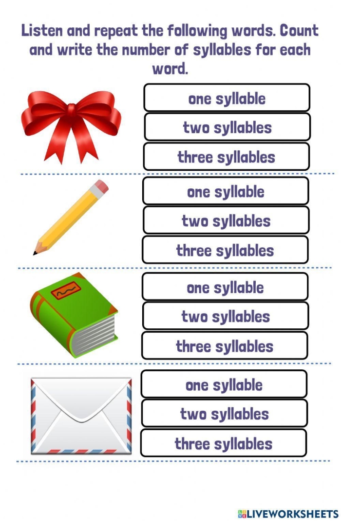 Interactive exercise to enhance syllable counting skills for young learners Worksheet featuring two-syllable words with double consonants for pre-K students