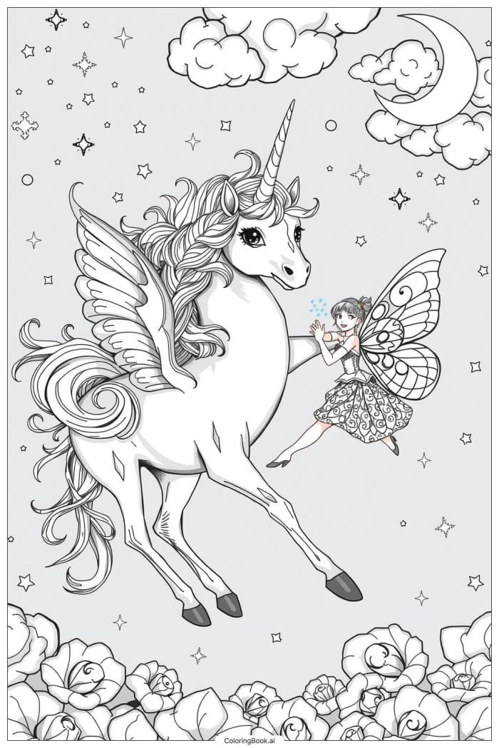 Coloring page of a winged unicorn soaring in front of a vibrant rainbow