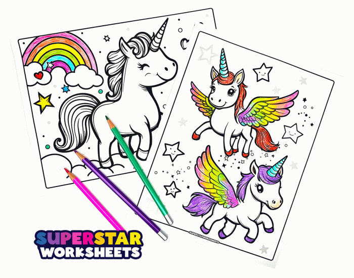 Coloring page featuring a whimsical unicorn, perfect for young children to color and enjoy