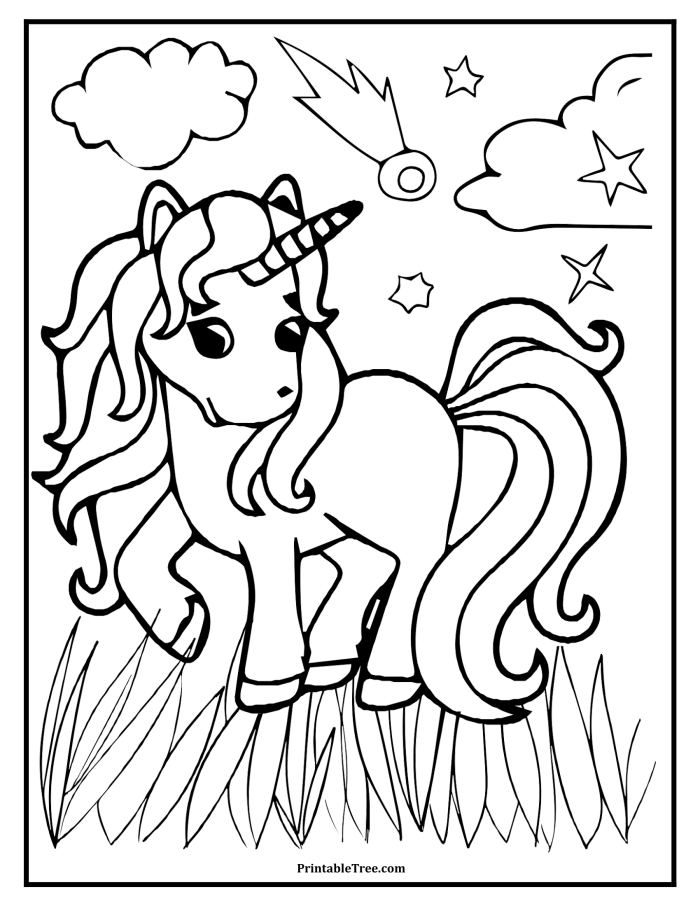 Pre-K unicorn coloring page featuring a magical creature for young children to decorate