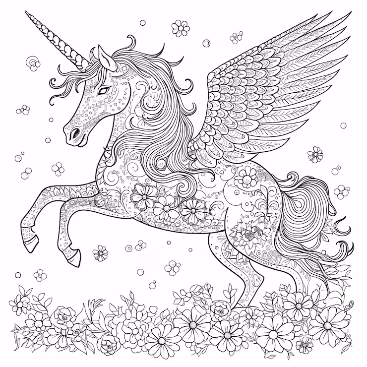 A whimsical coloring page showcasing a winged unicorn soaring through a vibrant rainbow