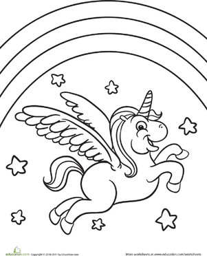 Pre-K worksheet page featuring a winged unicorn soaring past a colorful rainbow for students to color