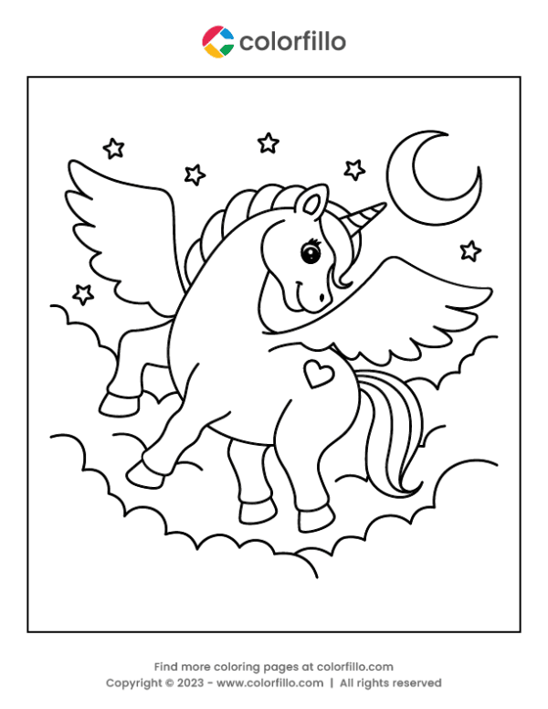 Coloring page of a whimsical unicorn soaring with wings in a vibrant rainbow backdrop
