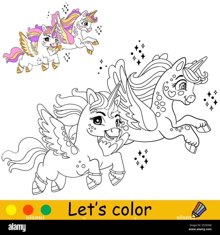 Coloring page of a whimsical unicorn soaring through the sky with a vibrant rainbow backdrop