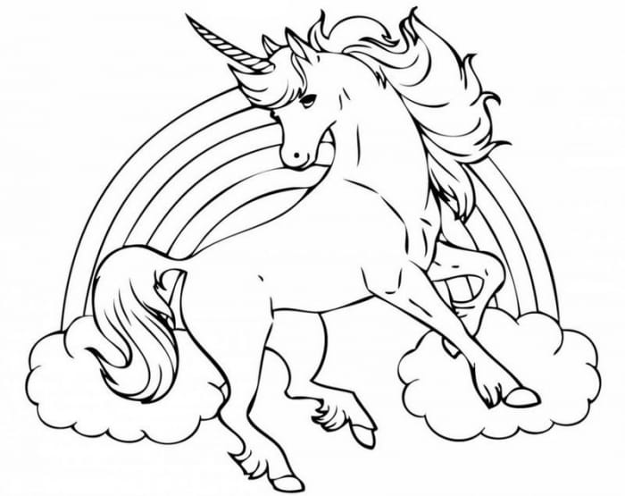 Pre-K coloring worksheet showing a flying unicorn with wings in front of a rainbow