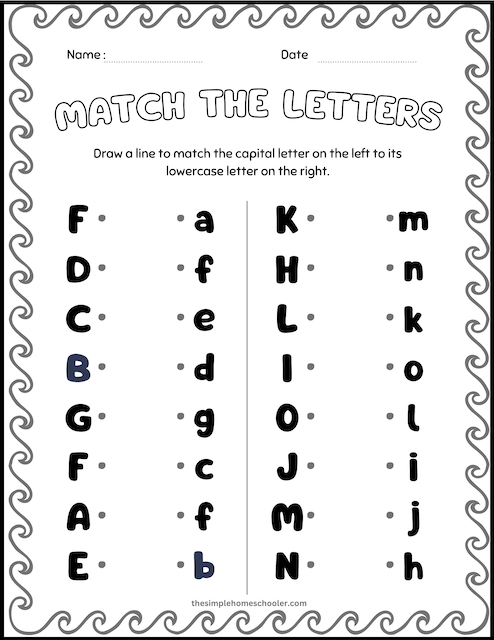 Pre-K alphabet worksheet featuring a colorful puzzle theme for matching uppercase and lowercase letters