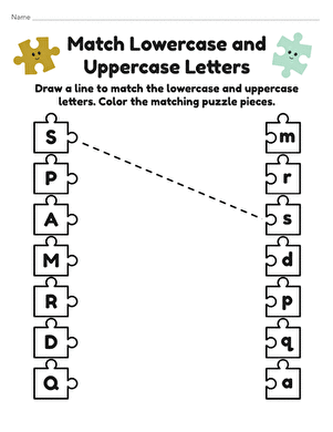 Worksheet featuring a colorful puzzle for matching uppercase and lowercase letters