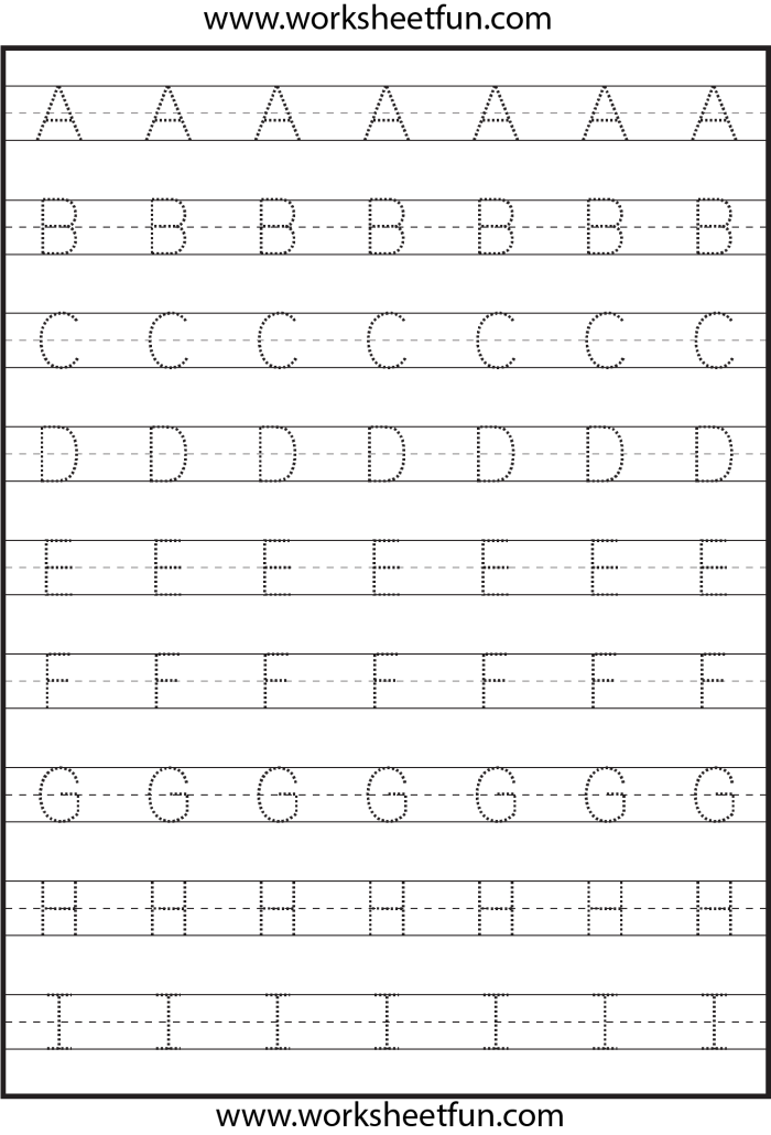 Students practicing writing uppercase letters A through Z on a dotted line tracing worksheet for pre-kindergarten alphabet skills