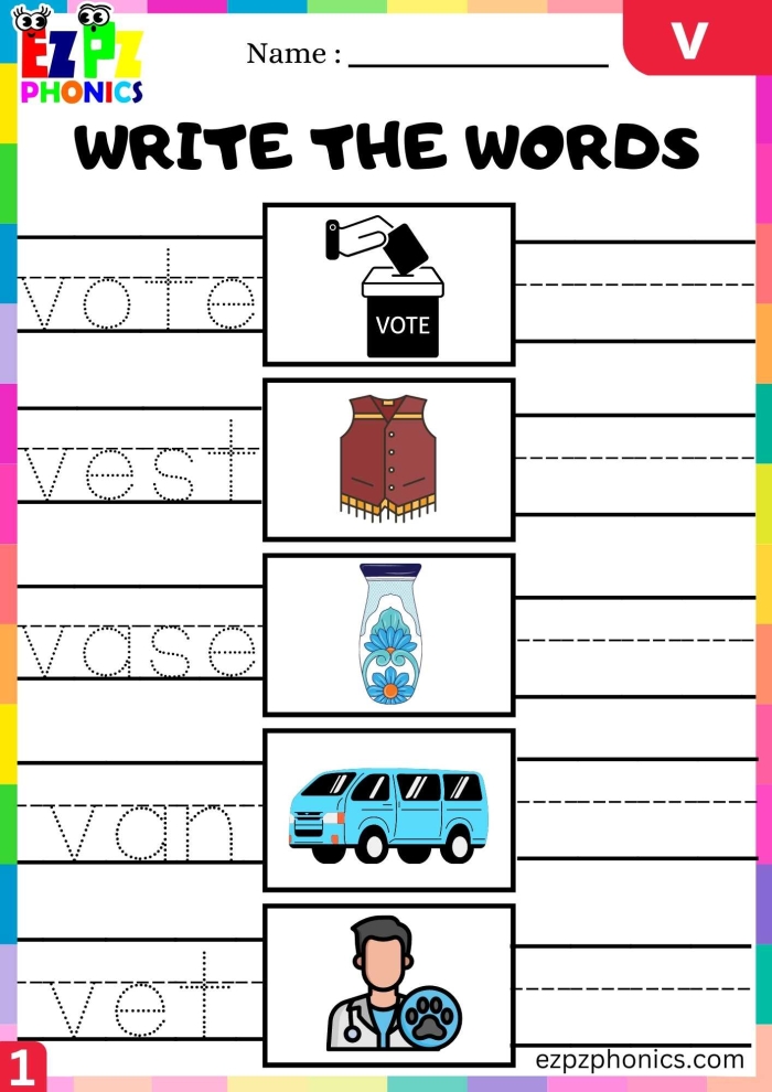 Worksheet illustrating beginning sounds for V and W with kids coloring words.