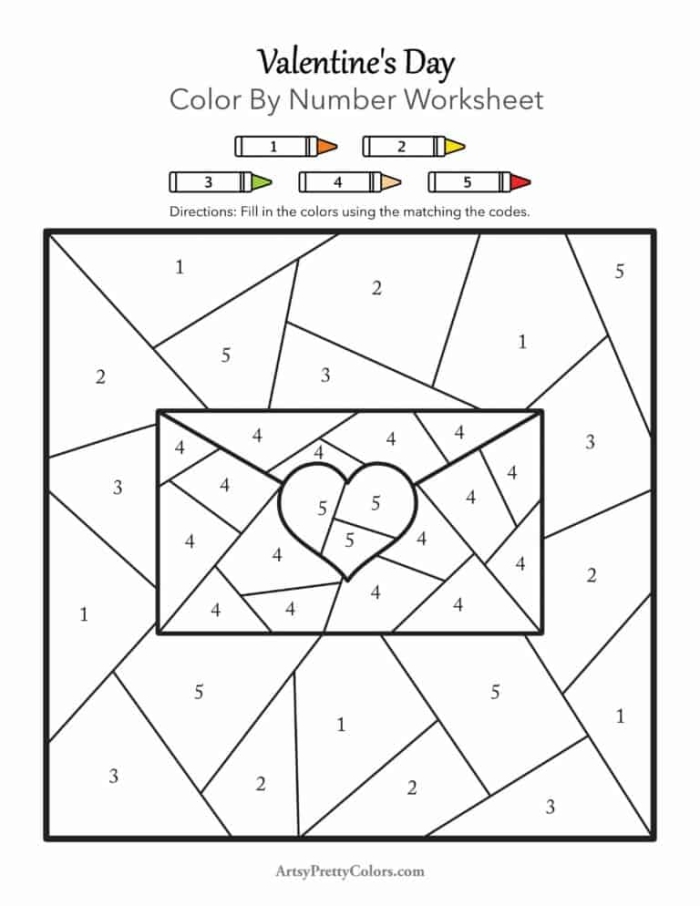 Pre-K Valentine color-by-number worksheet featuring geometric shapes and holiday hearts