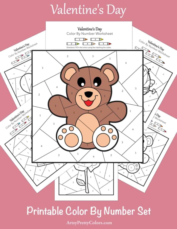 Preschooler working on a Valentine color-by-number geometry worksheet featuring heart shapes and numbers