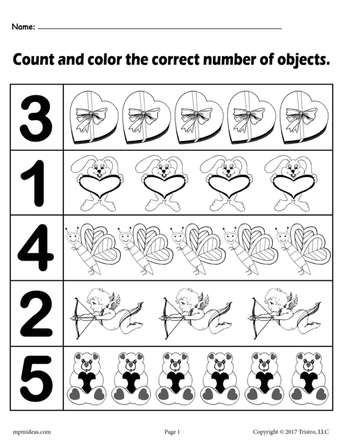 Pre-K Valentine color-by-number worksheet featuring geometric shapes and holiday numbers 15
