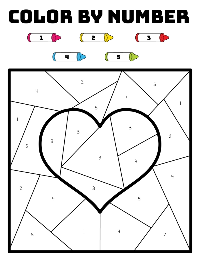Pre-K Valentine color-by-number worksheet featuring geometric shapes for holiday math practice