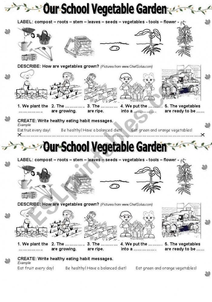 Colorful worksheet for planting a vegetable garden designed for Pre-K children