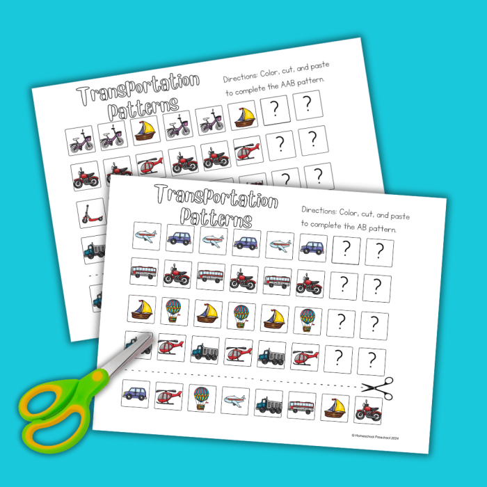 Transportation Patterns Worksheet 3 Multiplication Practice Pre-K transportation patterns worksheet showing sequence practice with vehicles