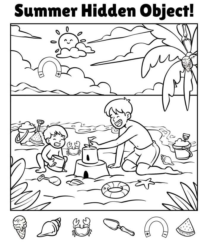Find the Hidden Objects Worksheet 19 for Preschoolers Pre-K student working on a Find the Hidden Objects worksheet with a mixed-up scene