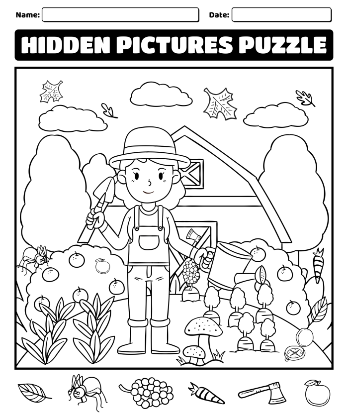 Find the Hidden Objects Worksheet Number 8 for Pre-K Reading Pre-K student working on a find the hidden objects worksheet with mixed-up pictures
