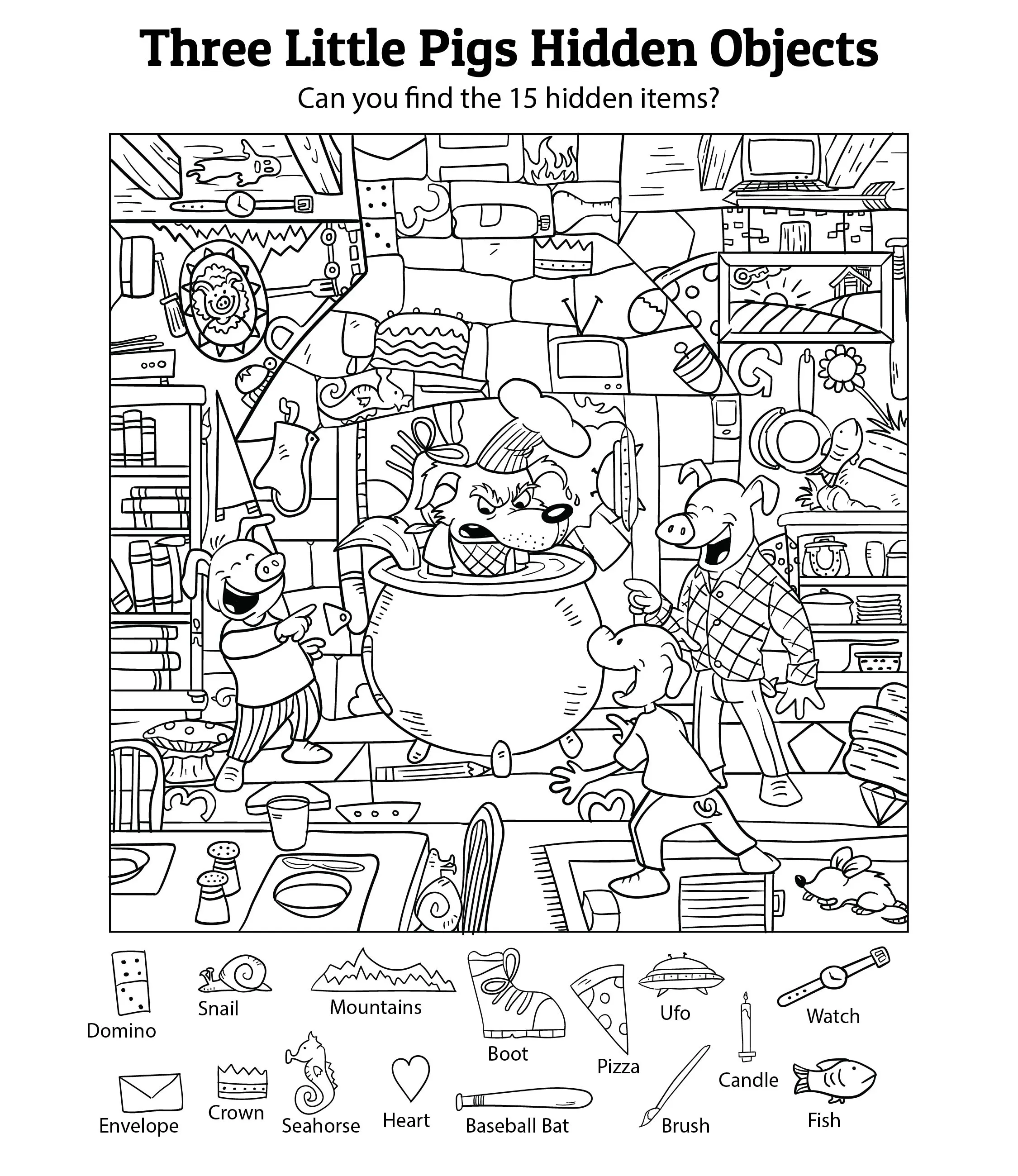 Find the Hidden Objects worksheet 12 for early learners Preschooler searching for twelve items concealed within a cluttered illustration for a reading activity