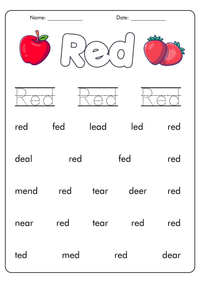 Engaging project idea for children to explore the color red through a fun color book activity A vibrant worksheet featuring the color red and an apple for pre-K vocabulary learning