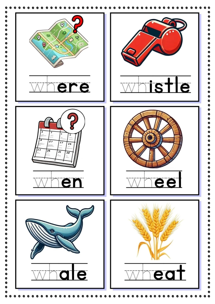 Pre-K phonics worksheet featuring educational activities for words starting with the letter W
