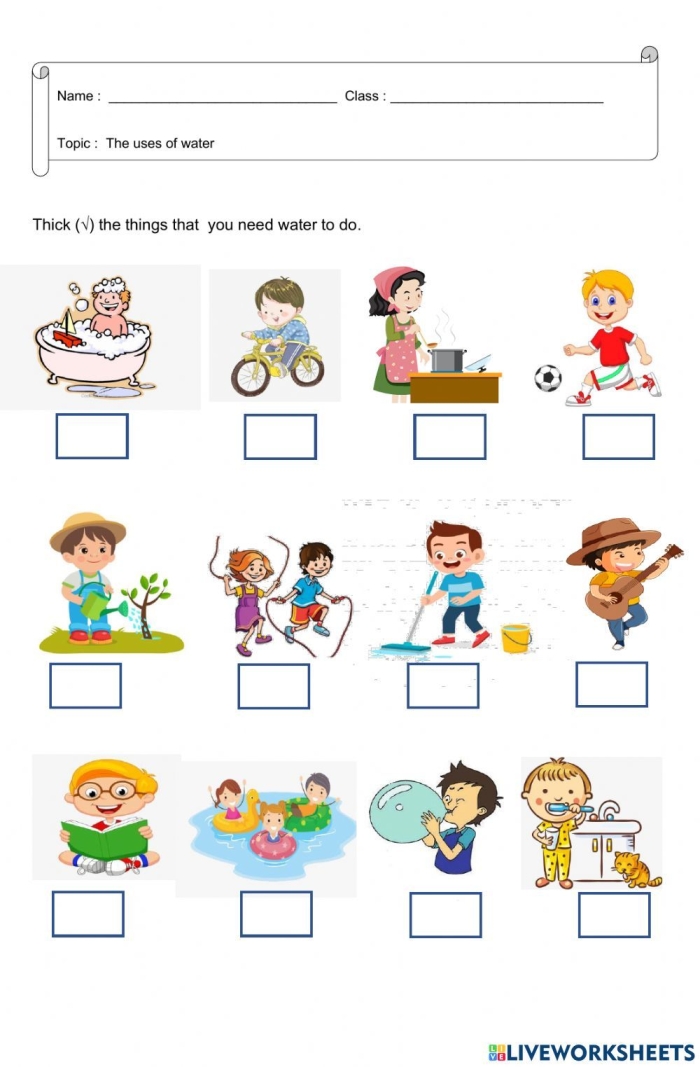 Resource: Water worksheet for Pre-K students focusing on word families Worksheet featuring various uses of water for kids to explore