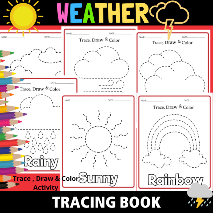 Pre-K weather book worksheet featuring tracing activities for sun wind and rain