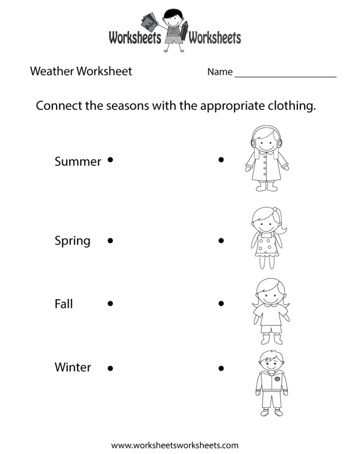 A colorful worksheet for kids to match clothing with different weather conditions