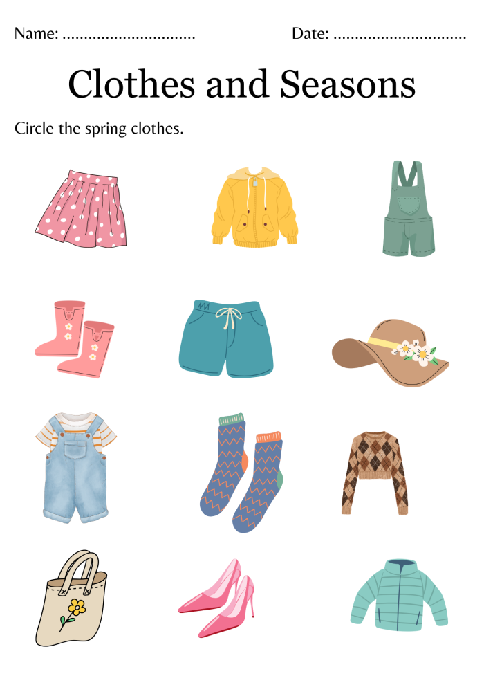What to Wear Weather Worksheet for Pre-K kids matching clothing to weather conditions