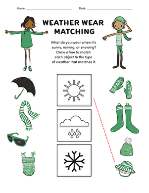Pre-K weather worksheet featuring clothing items to match with sunny and snowy scenes