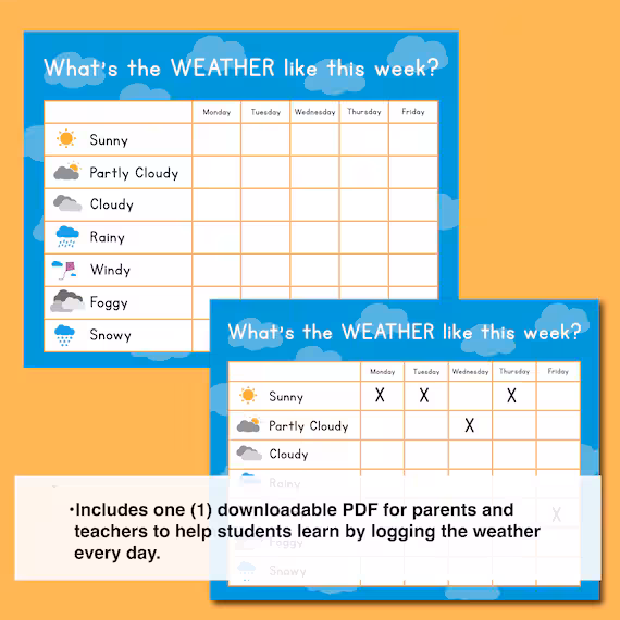Pre-K student filling out a daily weather tracking chart worksheet