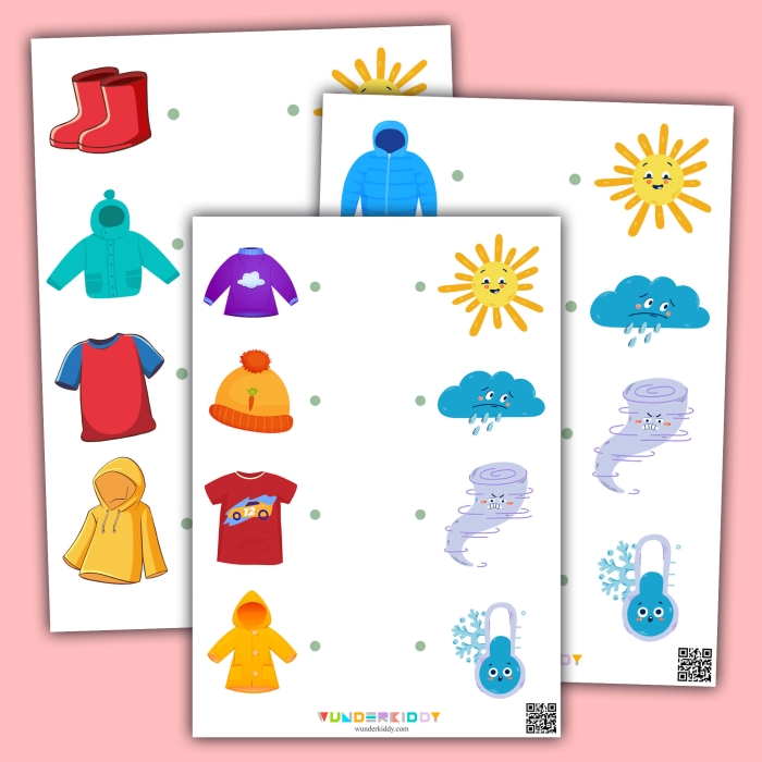 Pre-K weather clothing matching worksheet for kids to pair outfits with seasonal conditions