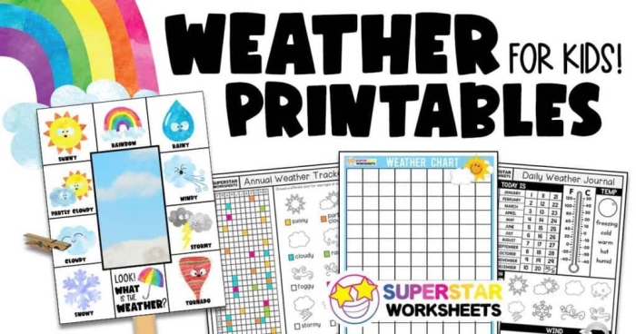 Colorful weather chart for kids to track daily weather patterns and observations.