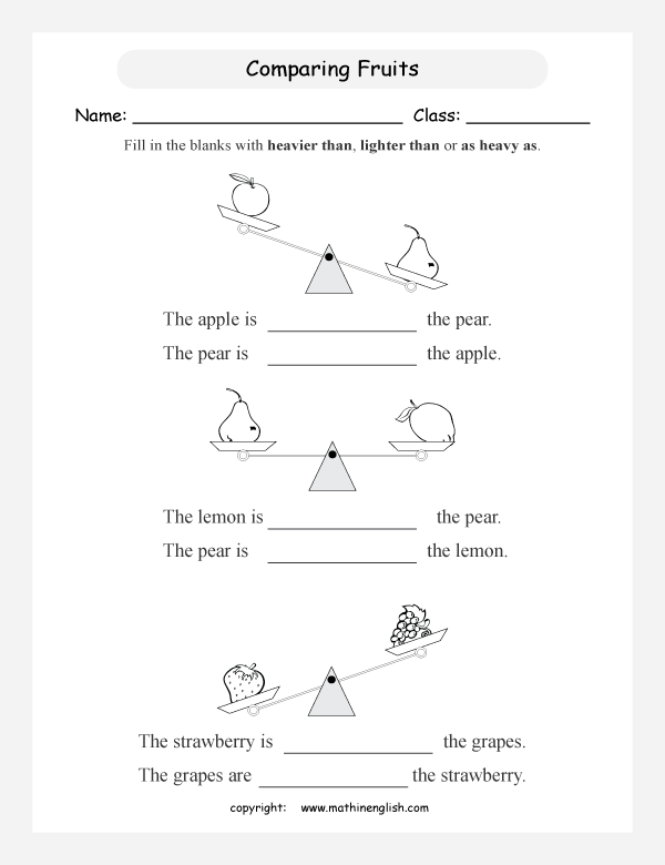 Children's worksheet featuring a fun activity on comparing weights of various objects