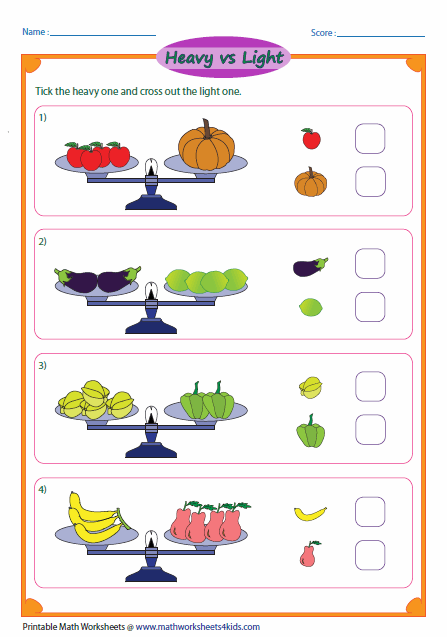 Colorful worksheet for Pre-K students comparing the weight of various objects from lightest to heaviest