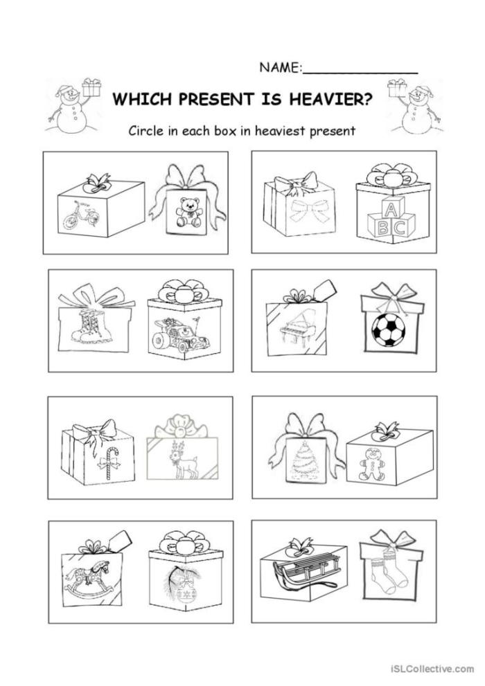 Young children engaging with the Which Is Heavier? worksheet, comparing weight of various objects. Visual guide for pre-K learners to rank items from lightest to heaviest.
