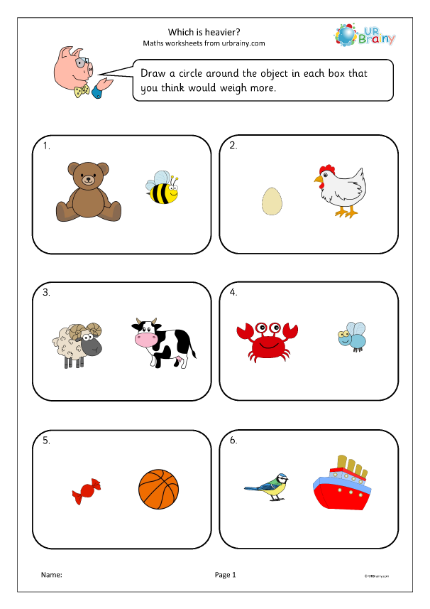 Worksheet for comparing weights of objects for young learners