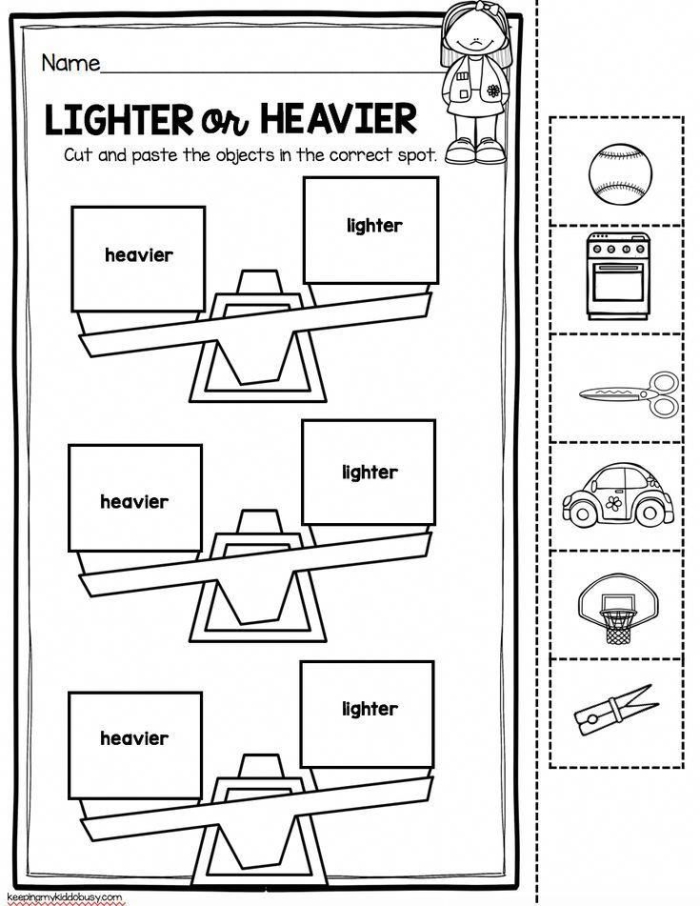 worksheet for young learners comparing weights of objects from lightest to heaviest