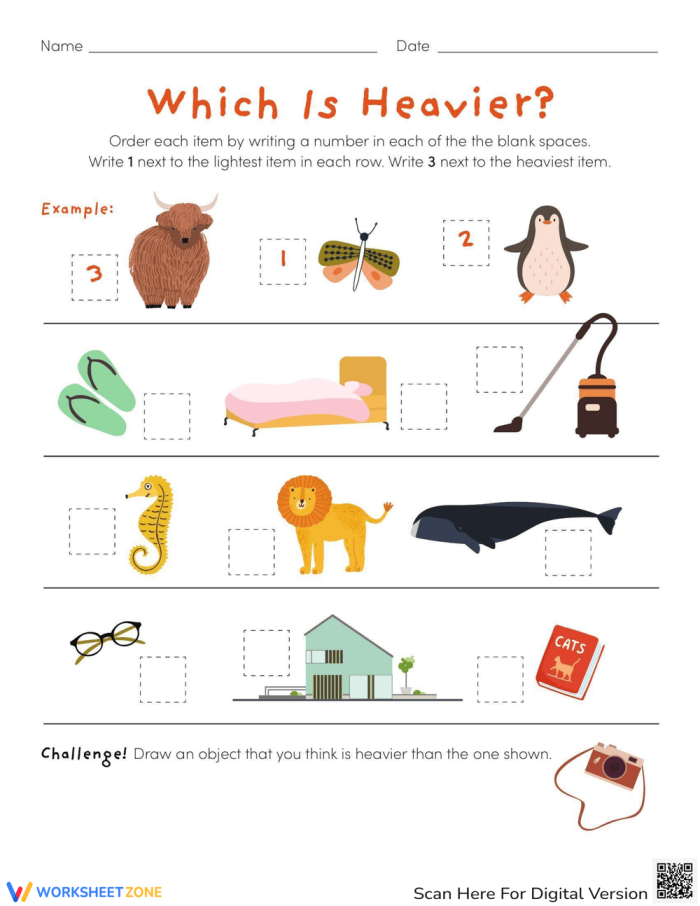 worksheet for young learners comparing weights of objects