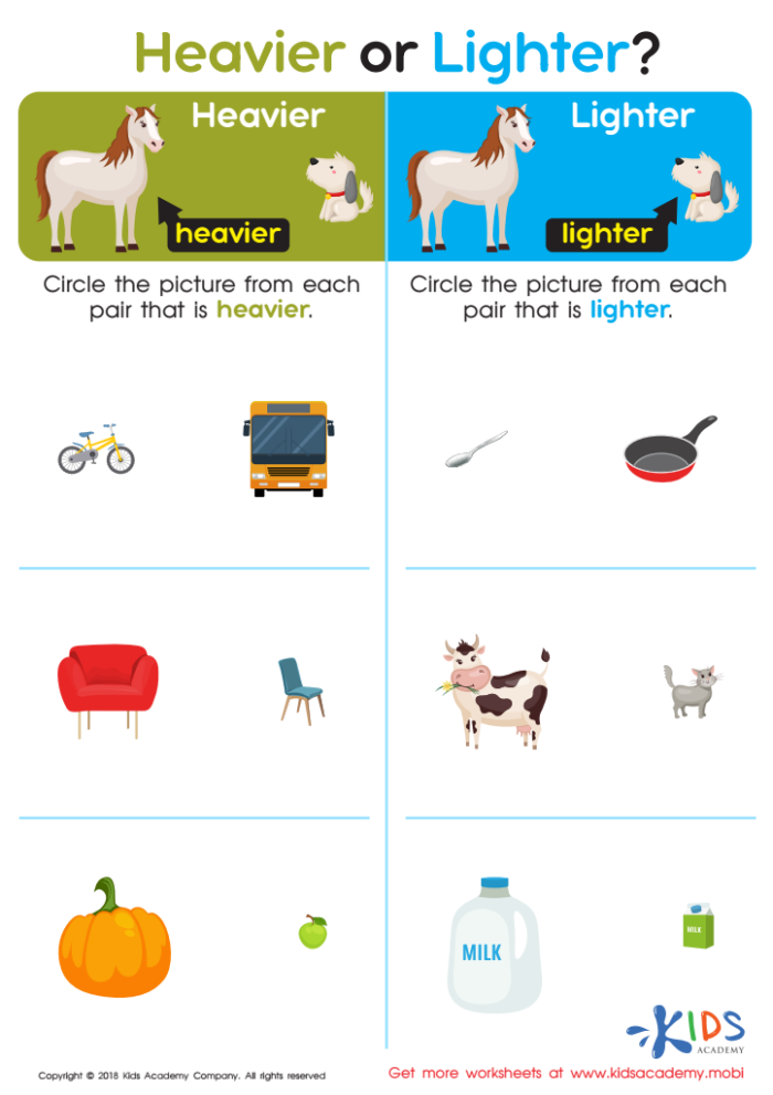 Worksheet for young learners comparing weights of objects from lightest to heaviest
