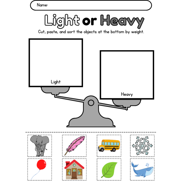 Worksheet featuring young children comparing weights of objects for the "Which Is Heavier?" activity