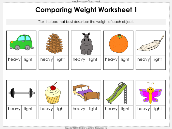 Pre-K student working on a printable worksheet about comparing heavy and light objects
