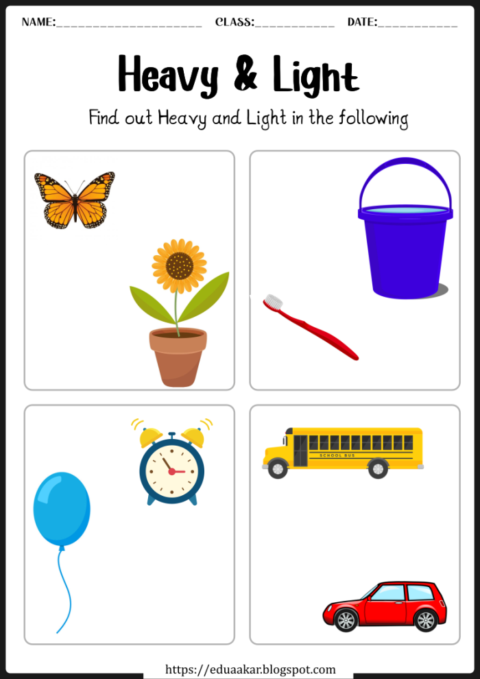 Printable worksheet for measuring weight with activities for Pre-K children