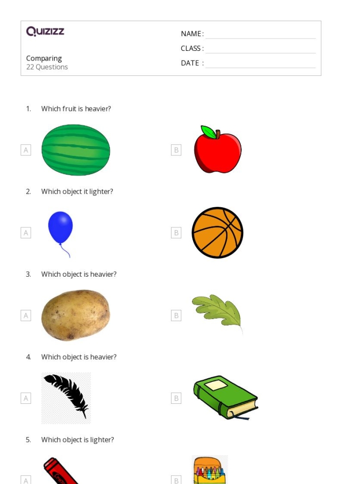 Worksheet for kids to learn about measuring weight, featuring heavy and light objects
