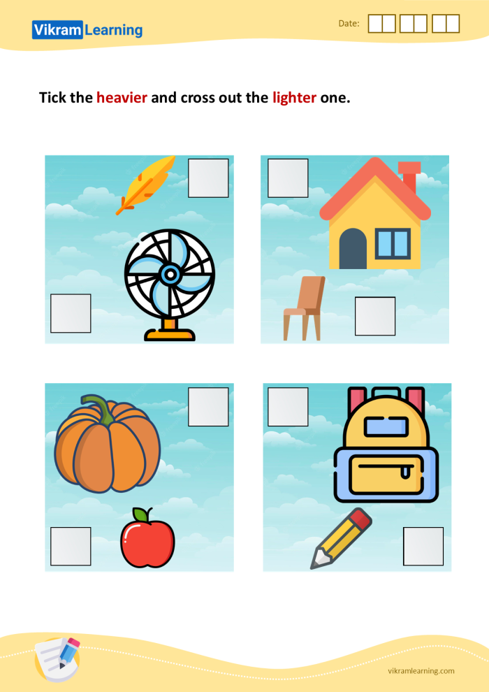 Worksheet featuring young learners ranking objects by weight from lightest to heaviest