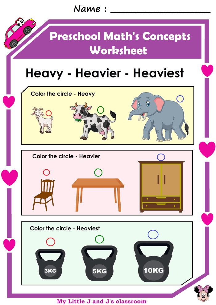 Worksheet showing young learners ranking objects by weight from lightest to heaviest
