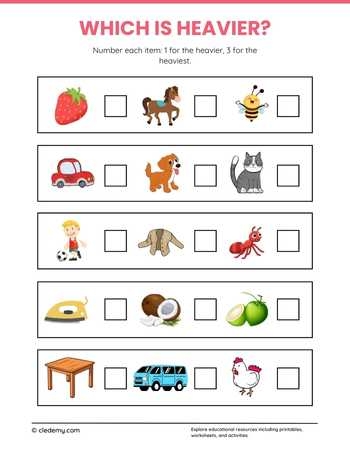 Worksheet for young learners ranking objects by weight from lightest to heaviest
