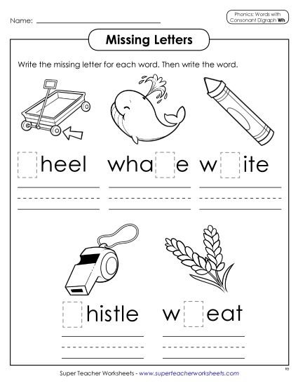 Pre-K worksheet activity focusing on identifying words that begin with the WH consonant digraph