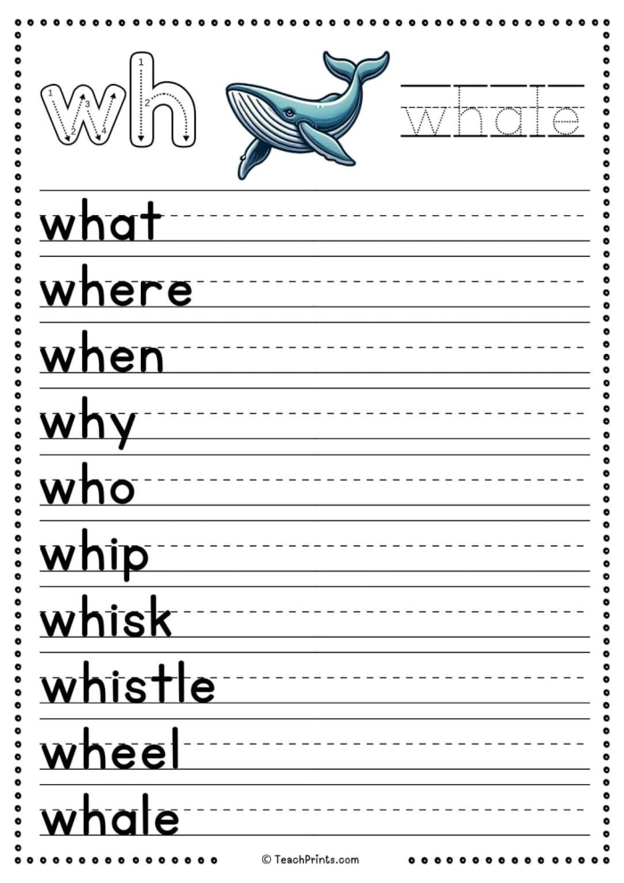 Preschool worksheet featuring illustrations of words starting with the wh sound for letter identification practice